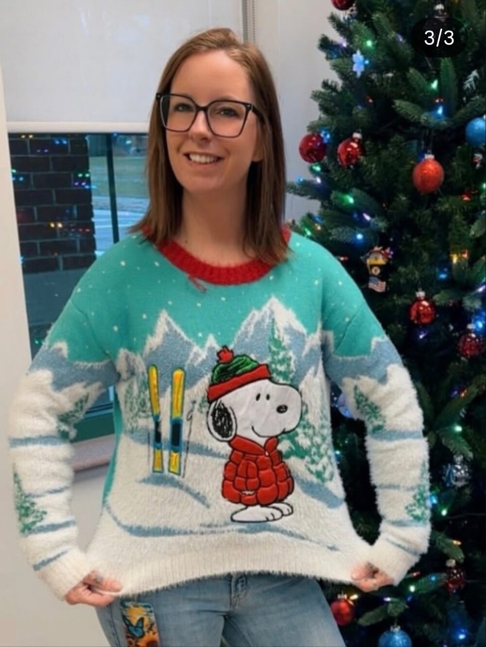 Peanuts Snoopy Ski Sweater Women Teal Fuzzy Winter Holiday Christmas Knit Size L - Picture 4 of 6